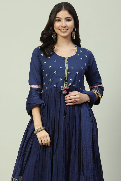 Blue Cotton Anarkali Kurta Palazzo Suit Set image number 6