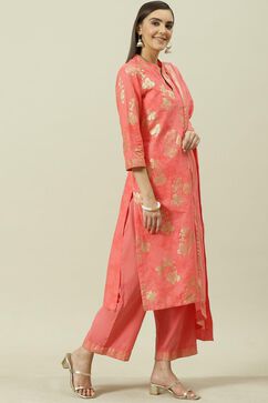 Peach Printed Cotton Straight Kurta Palazzo Suit Set image number 6