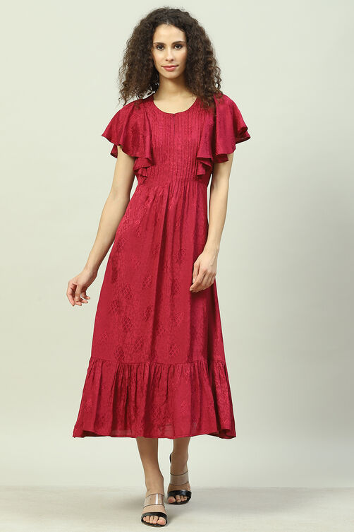 Plum Viscose Jacquard Flared Dress image number 5