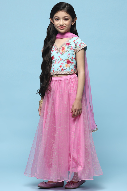 Blue Cotton Printed Blouse With Net Lehenga & Net Dupatta image number 4