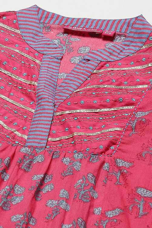 Pink Cotton Tiered Kurta Churidar Suit Set image number 1