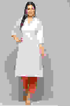 Off White Cotton Straight Kurta image number 5