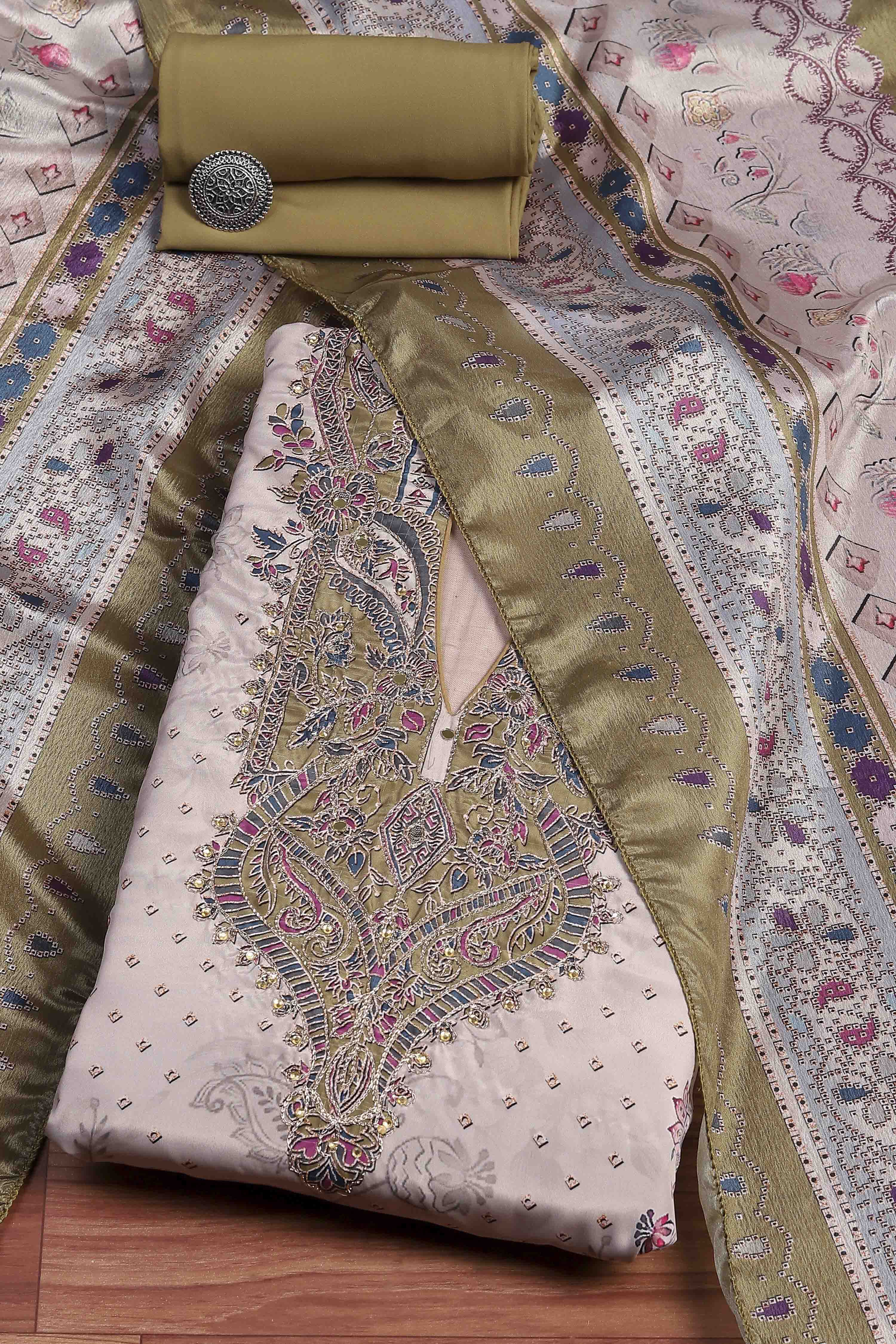 Brown Poly Crepe Digital Print Unstitched Suit Set image number 0