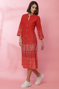 Red Rayon A-Line Printed Dress image number 4