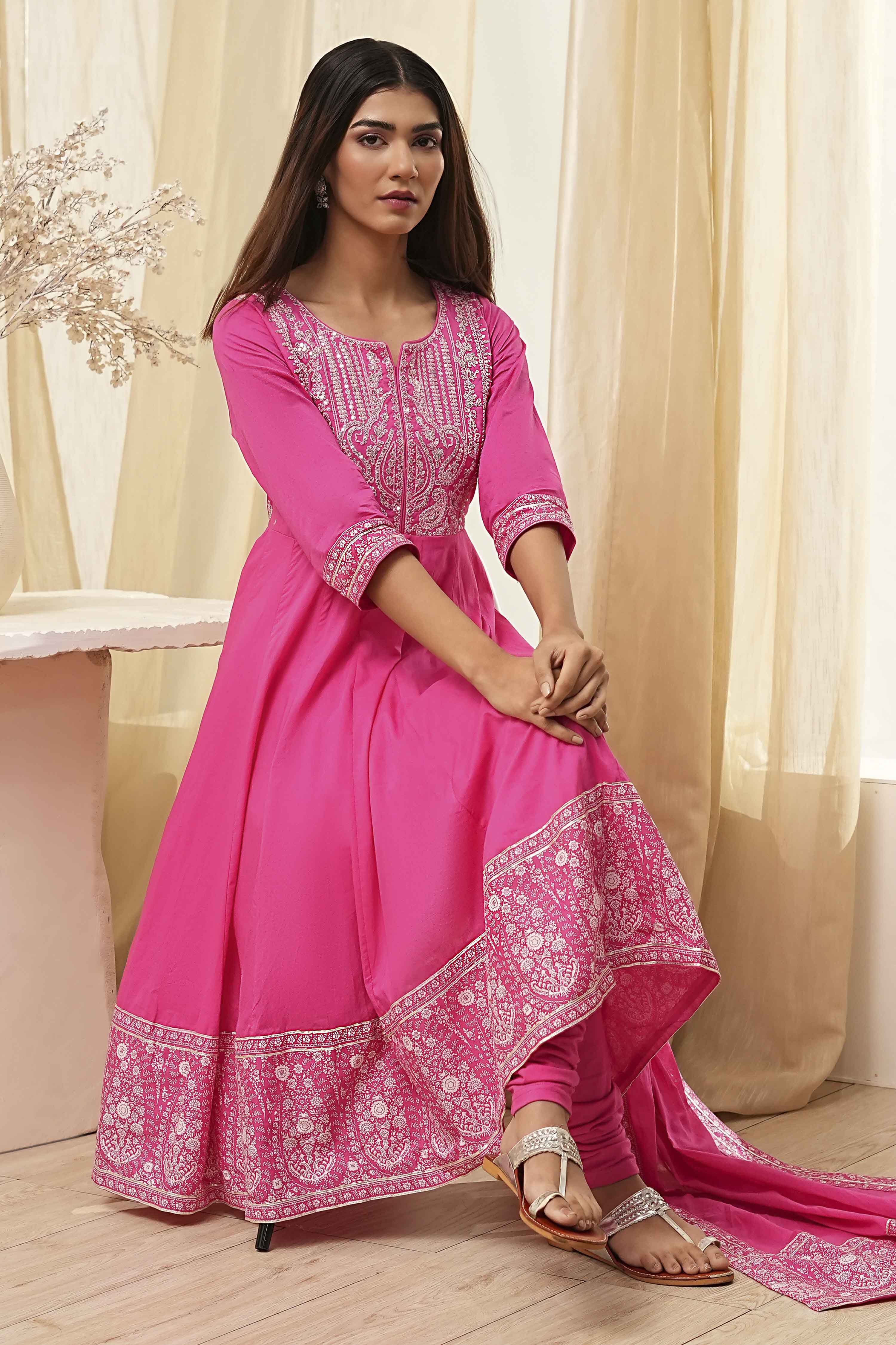 Blue Cotton Embroidered Anarkali Suit Set image number 0