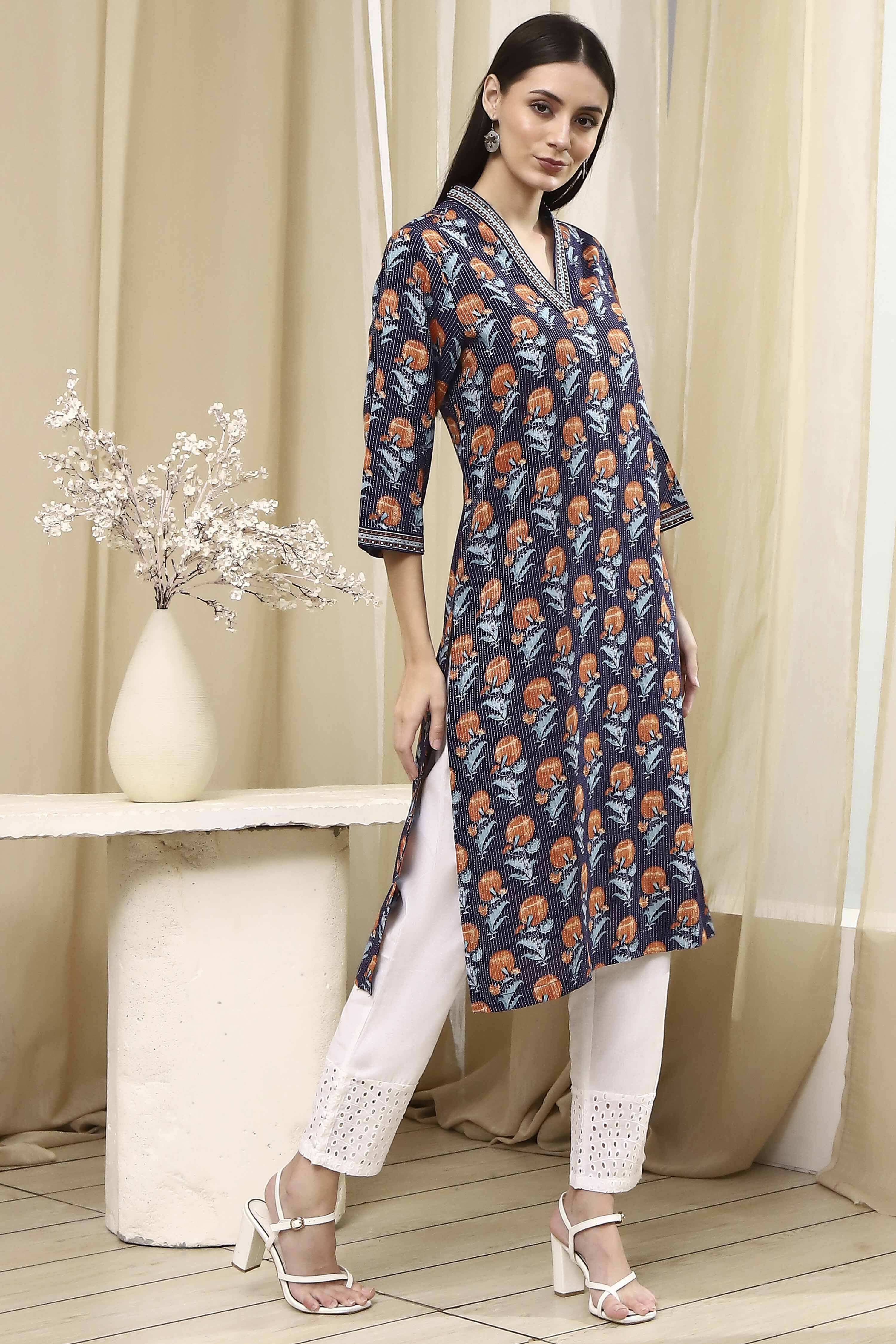 Teal Cotton Printed Straight Kurta image number 4