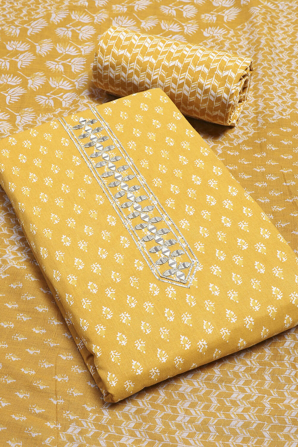 Mustard Yellow Cotton Printed Unstitched Suit Set image number 4
