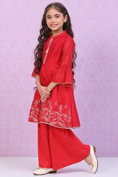 Red Art Silk Kalidar Printed Kurta Set image number 3