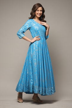 Turquoise Cotton Straight Printed Dress image number 4