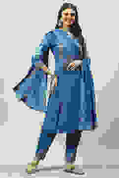 Blue Cotton Kalidar Kurta Relaxed Pants Suit Set image number 3