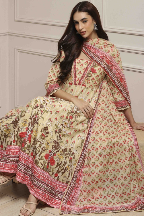 Off White-Pink Cotton Anarkali Printed Suit Set image number 0
