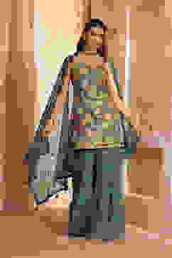 Green Viscose Chinon Printed Straight Suit Set image number 0