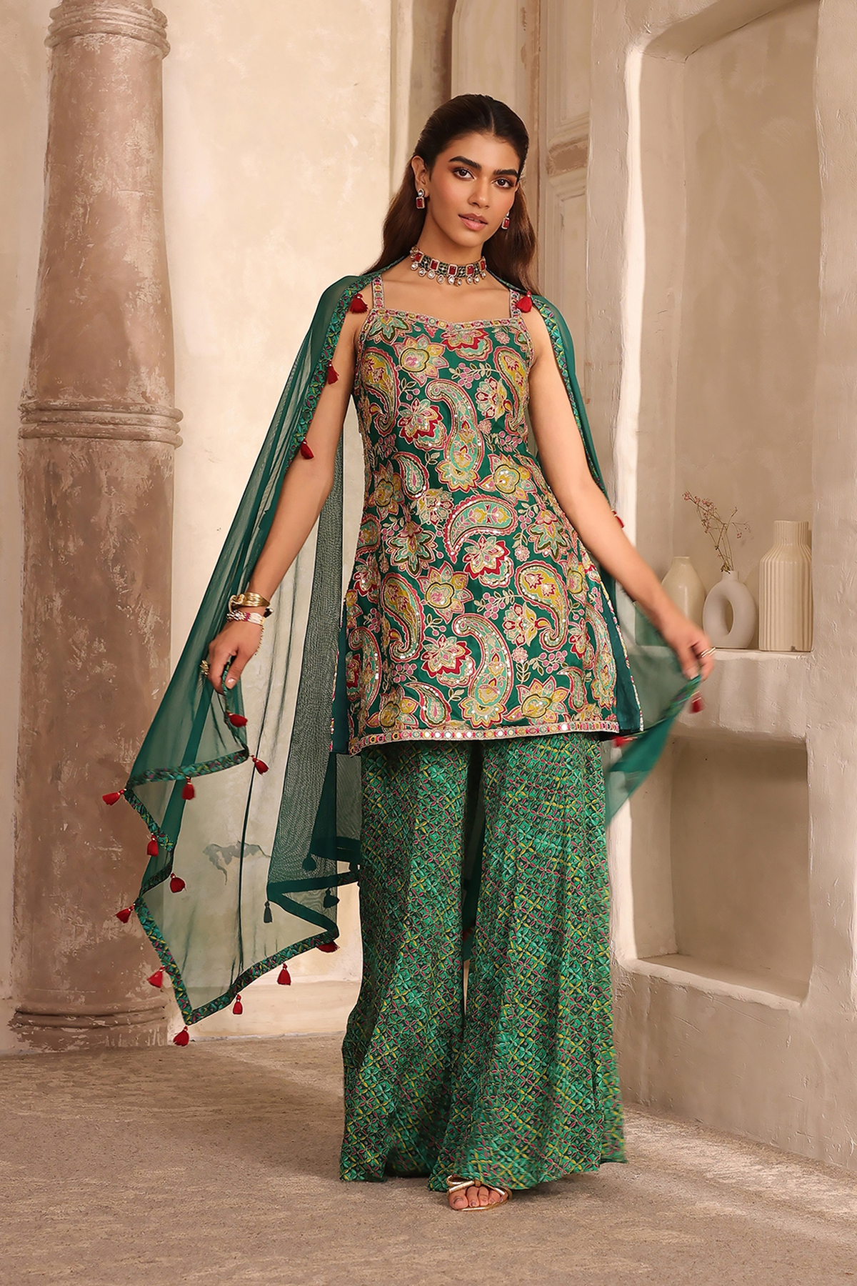 Green Viscose Chinon Printed Straight Suit Set