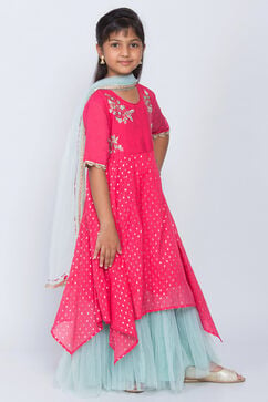 Pink Art Silk Asymmetric Kurta Churidar Suit Set image number 2