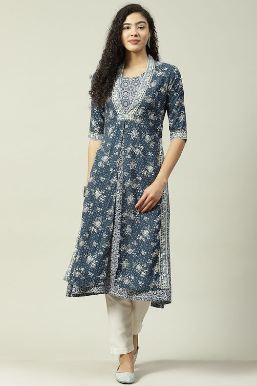 Buy Navy LIVA A-Line Double Layered Printed Kurta (Kurta, Inner) for ...