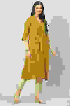 Olive Cotton A-Line Printed Kurta image number 0