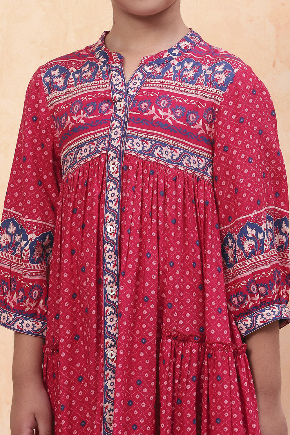 Pink Bandhani Printed Flared Tiered Dress image number 1