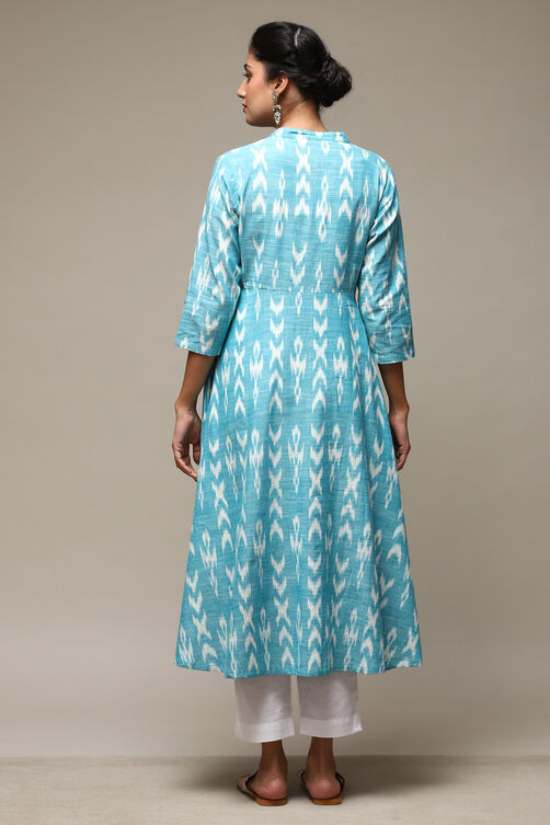 Turquoise Cotton IKAT Flared Yarndyed Kurta image number 3