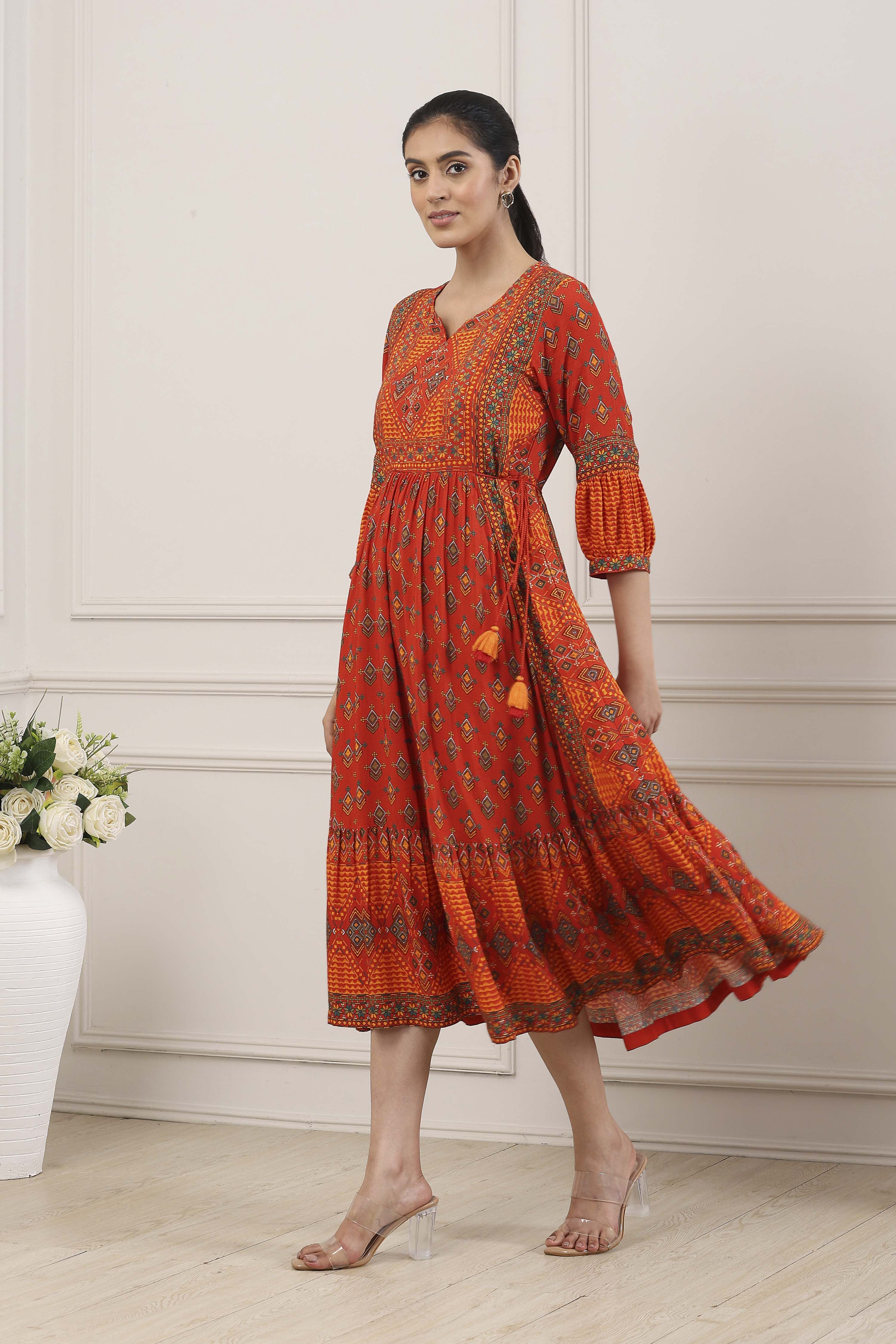 Rust Viscose Rayon Anarkali Dress image number 2
