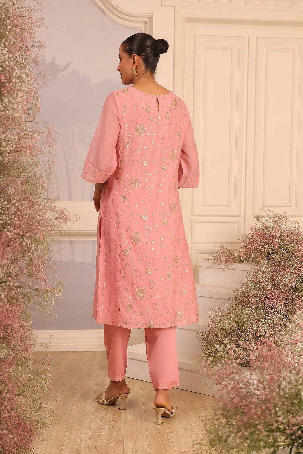 Pink Silk Embroidered Straight Suit Set image number 3