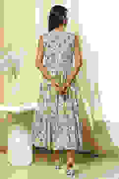 Off-White and Green Cotton Floral Tiered Dress image number 3