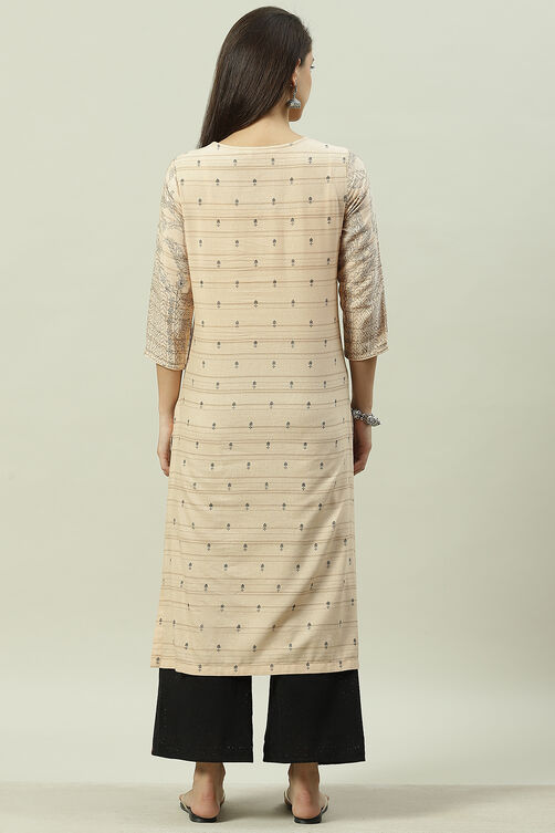 Beige LIVA Straight Printed Kurta image number 3