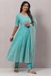 Turquoise Cotton Anarkali Kurta Churidar Suit Set image number 6