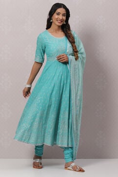 Turquoise Cotton Anarkali Kurta Churidar Suit Set image number 6
