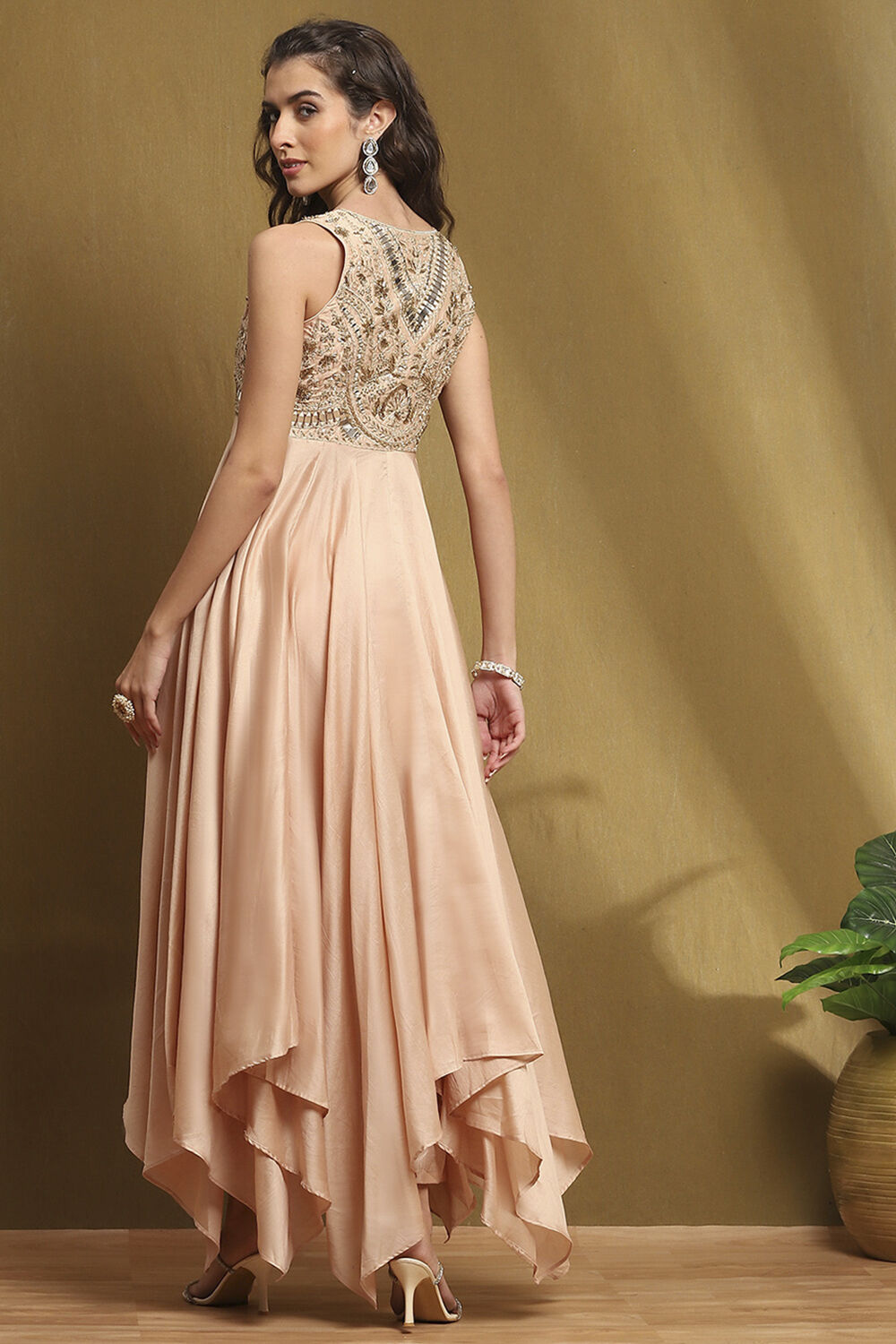Beige Silk Chanderi Embroidered Asymmetric Suit Set image number 4