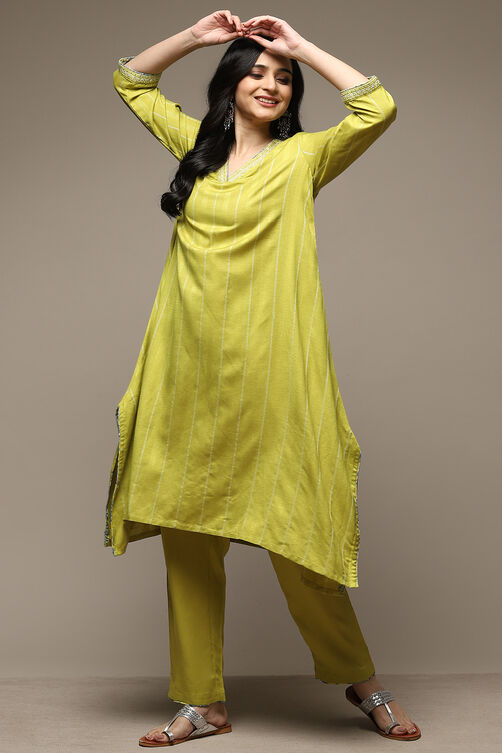 Lime Green Rayon Asymmetric Kurta Pants 2 Piece Set image number 0