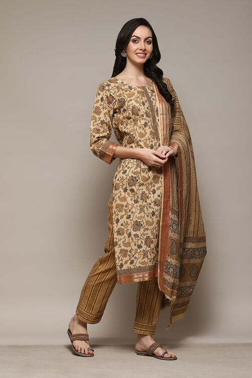 Coffee Brown Cotton Machine Embroidered Unstitched Suit Set image number 7