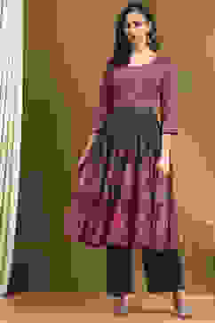 Charcoal and Pink Cotton Printed Anarkali Suit Set image number 6