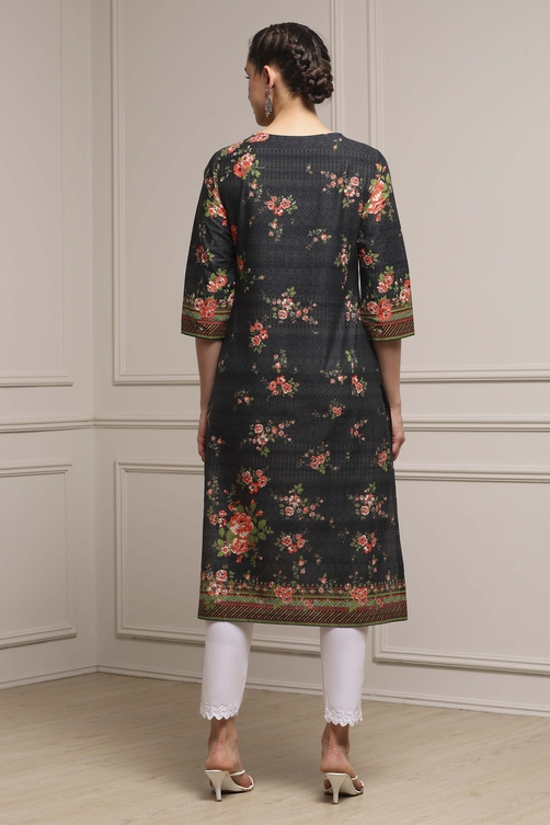 Black Cotton Printed Straight Kurta image number 3
