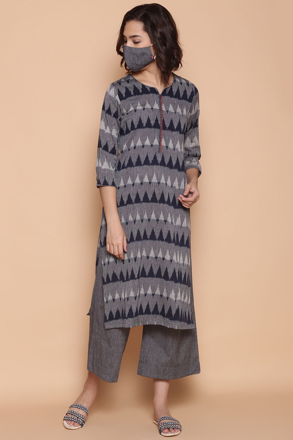 Indigo Blue Cotton Straight Kurta Palazzo Suit Set image number 3