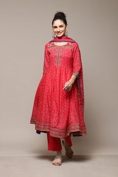Red Cotton Anarkali Kurta Palazzo Suit Set image number 7