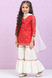 White & Red Cotton Straight Kurta Sharara Suit Set image number 5