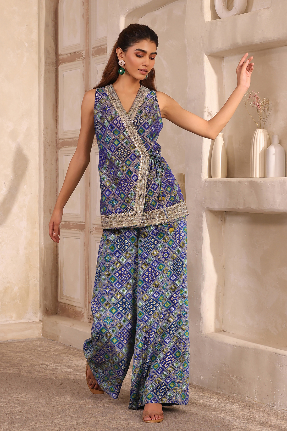 Blue Chanderi Front Open Printed Co-ord Set