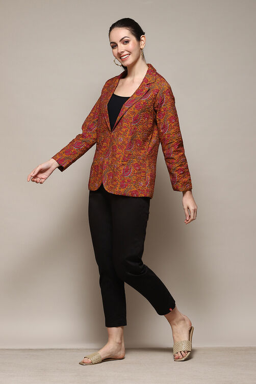 Mustard Polyester Straight Printed Jacket image number 0