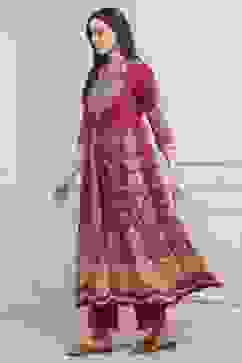 Magenta Cotton Kalidar Printed Kurta Pants Set image number 3