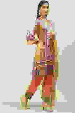 Yellow Silk Blend Straight Kurta Slim Pant Suit Set image number 6