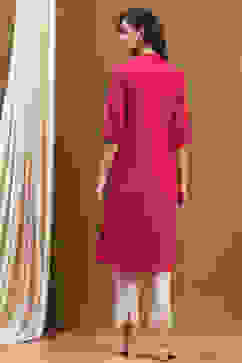 Pink Cotton Solid Pleated A-Line Kurta image number 3