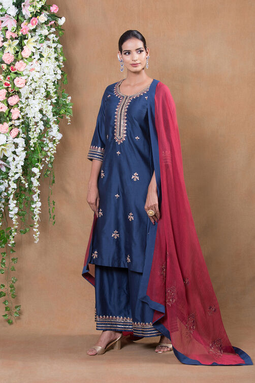 Blue Cotton Silk Suit Set By Anju Modi image number 3