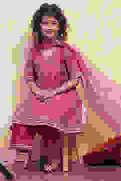 Pink Yarn Dyed Angrakha Anarkali Suit Set image number 0