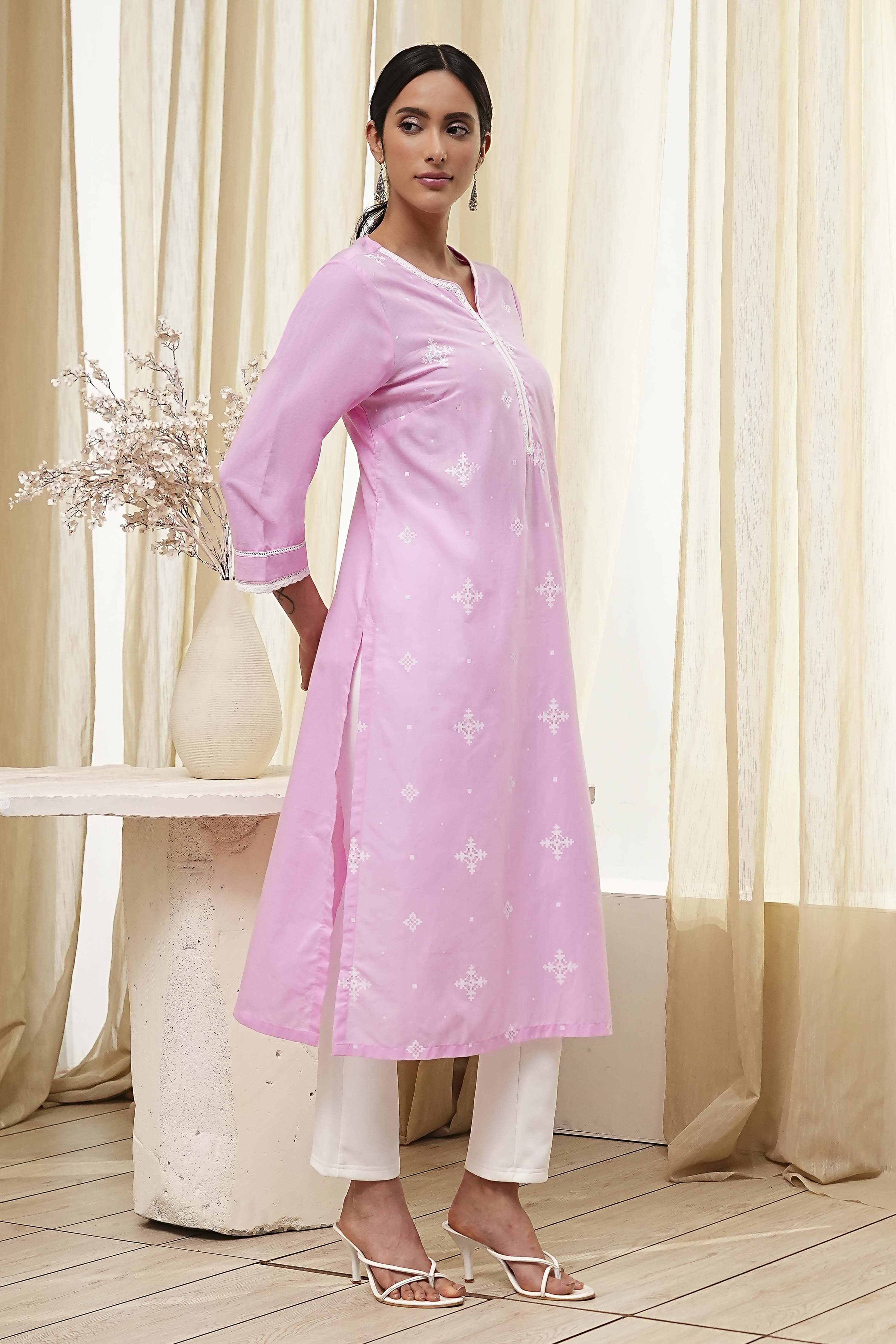 Light Pink Cotton Straight Kurta image number 4