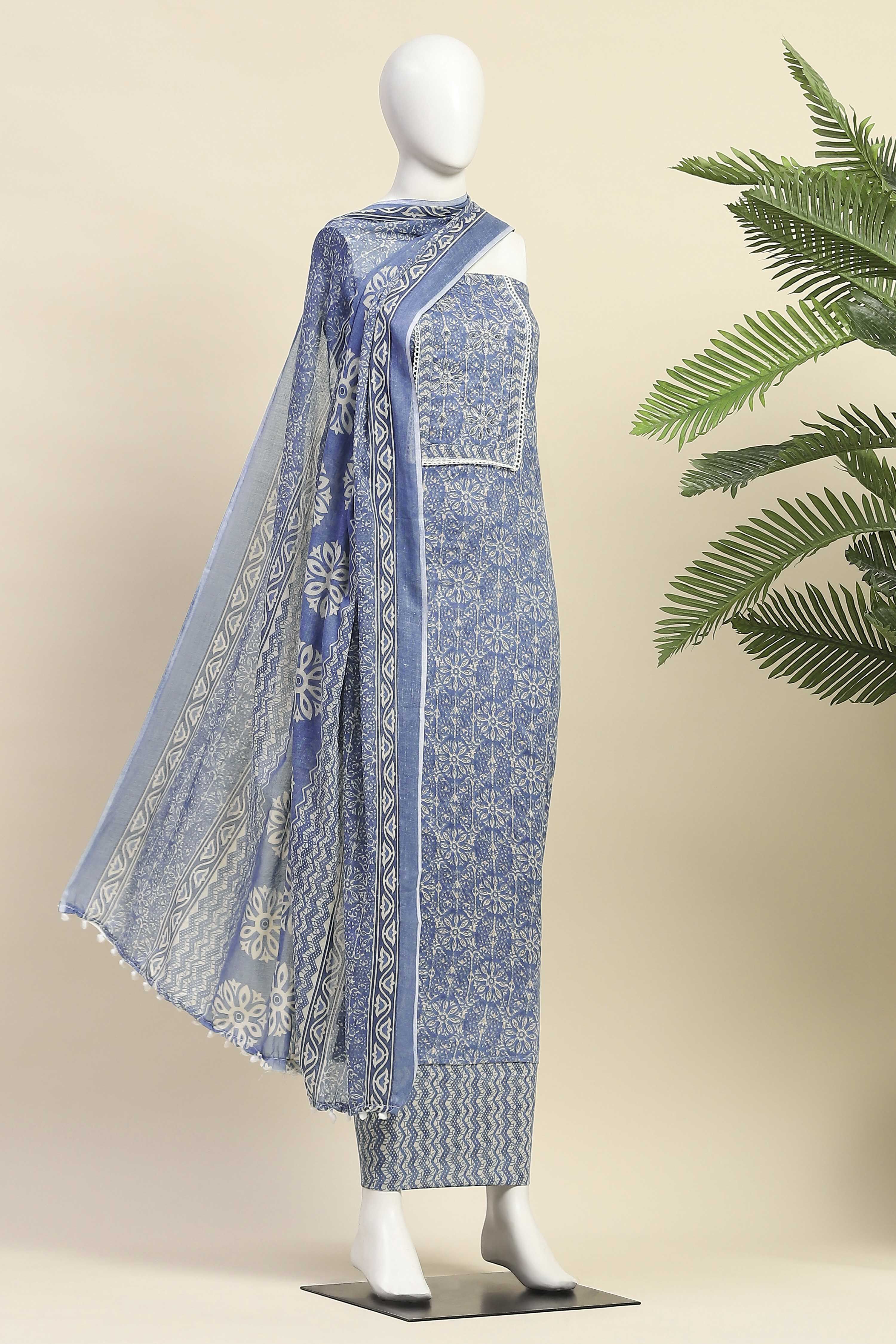 Blue Cotton Unstitched Suit Set image number 4