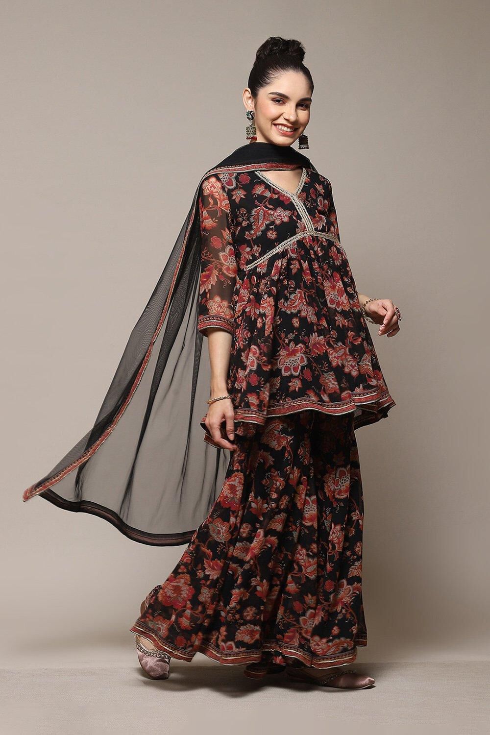 Black Floral Printed Flared Kurti & Garara Suit Set image number 6