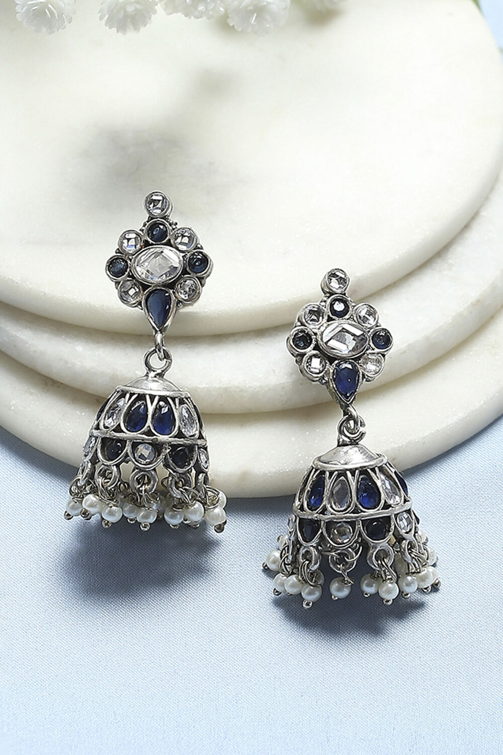 Blue White Brass Jhumka image number 0