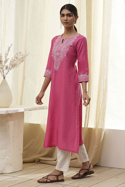 Pink Pure Cotton Printed Straight Kurta image number 2