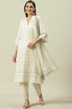 Off White Straight Kurta Relaxed Pants Suit Set image number 0