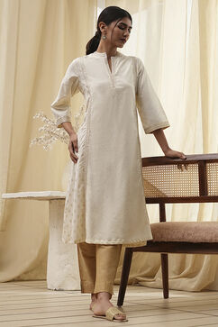 Cream-Colored Cotton Printed A-Line Kurta image number 0